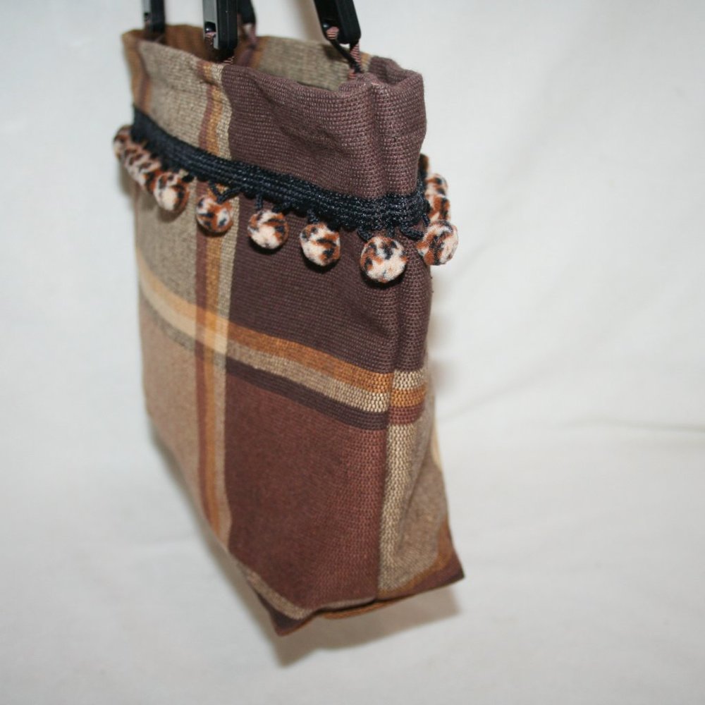 NWOT POM POM PURSE AUTUMN PLAID CANVAS TOASTED BROWN SMALL TOTE BAG CARRYALL - Picture 4 of 15